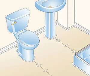 Digital illustration of paper template taped to bathroom floor surrounding toilet and sink Digital illustration of paper template taped to bathroom floor surrounding toilet and sink