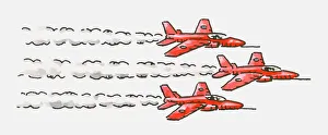 Digital illustration of three red Hawk aeroplanes flying in formation Digital illustration of three red Hawk aeroplanes flying in formation