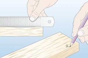 Digital illustration of ruler on piece of timber and marking end with loop to square up timber Digital illustration of ruler on piece of timber and marking end with loop to square up timber