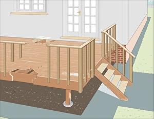 Digital Illustration showing areas of rot in joists, wooden post, and steps of neglected Digital Illustration showing areas of rot in joists, wooden post, and steps of neglected