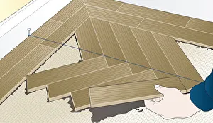 Digital illustration showing how to lay wooden floor blocks in herringbone pattern using string guideline Digital illustration showing how to lay wooden floor blocks in herringbone pattern using string guideline
