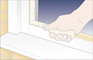 Digital Illustration showing how to stick glazing putty to edge of window frame using Digital Illustration showing how to stick glazing putty to edge of window frame using