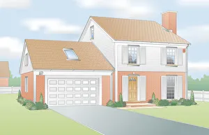 Digital illustration showing suburban house with secure doors and windows, and garage extension Digital illustration showing suburban house with secure doors and windows, and garage extension