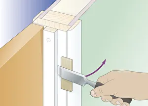 Digital illustration showing how to use chisel resting against offcut to prise doorstops Digital illustration showing how to use chisel resting against offcut to prise doorstops