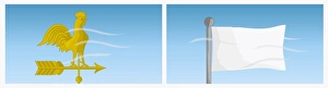Digital illustration of showing wind rotating weather vane and making white flag flutter Digital illustration of showing wind rotating weather vane and making white flag flutter