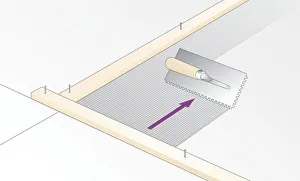 Digital illustration of spreading adhesive with notched edge of trowel Digital illustration of spreading adhesive with notched edge of trowel