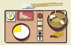 Digital illustration of traditional Japanese meal on tray and chopsticks Digital illustration of traditional Japanese meal on tray and chopsticks