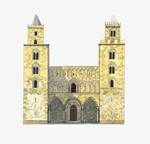 Digital illustration of twin-towered facade of Roman Catholic Duomo di Cefalu Digital illustration of twin-towered facade of Roman Catholic Duomo di Cefalu