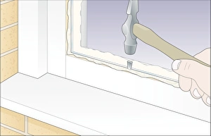 Digital Illustration of using hammer to tap glazing sprig in to putty surrounding new Digital Illustration of using hammer to tap glazing sprig in to putty surrounding new