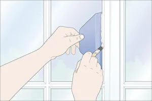 Digital illustration of using plastic paint shield to prevent painting on window Digital illustration of using plastic paint shield to prevent painting on window