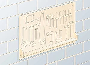 Digital illustration of wall-mounted tool storage board with outlines Digital illustration of wall-mounted tool storage board with outlines