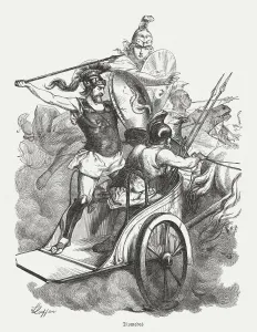 Prints of The disputatiously Diomedes with his charioteer, protected by Athena. Figures from the Greek Mythology. Wood engraving, published in 1880 Related Prints: Diomedes Protected by Athena, 1880 Wood Engraving Print