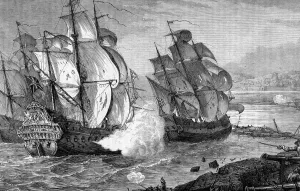 County Londonderry Prints: Mountjoy Breaking the Boom at Siege of Derry 1689 Print