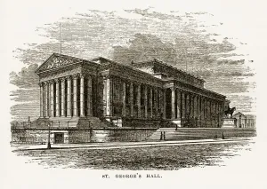 Prints of Very Rare, Beautifully Illustrated Antique Engraving of St. Georgeas Hall Liverpool, England Victorian Engraving, 1840 from Our Own Country, Great Britain, Descriptive, Historical, Pictorial Liverpool Prints: St. George's Hall Liverpool Victorian Engraving Print, 1840