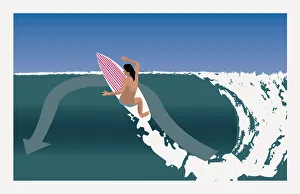 Digitally generated illustration of female surfer hitting lip vertically to re-enter wave Digitally generated illustration of female surfer hitting lip vertically to re-enter wave