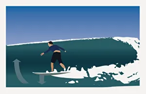 Digitally generated illustration of young man balancing on surfboard with arms raised Digitally generated illustration of young man balancing on surfboard with arms raised