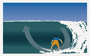Digitally generated illustration of young man on surf board showing bottom turn maneuver Digitally generated illustration of young man on surf board showing bottom turn maneuver