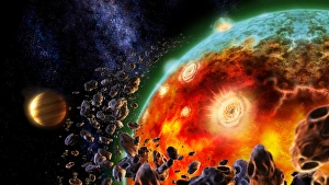 Digitally generated image showing volcanic eruptions during formation of Earth Digitally generated image showing volcanic eruptions during formation of Earth