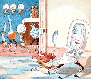 <b class=qtipBold><figcaption>And the dish ran away with the spoon</figcaption></b><br>aaŠAnd the dish ran away with the spoon.a The last line from the old nursery rhyme aHey Diddle Diddlea. From aR. Caldecottas Second Collection of Pictures and Songsa containing aThe Milkmaida, aHey Diddle Diddlea, Baby Buntinga, The Fox Jumps Over the Parsonas Gatea, aA Frog He Would a-Wooing Goa, aCome Lasses and Ladsa, aRide a Cock HorseaŠa, aA Farmer Went TrottingaŠa, aMrs Mary Blaizea and aThe Great Panjandrum Himselfa. Drawn by Randolph Caldecott; engraved and printed by E. Evans. Published by George Routledge & Sons, London & New York, c1885.<br><em>© Linda Steward</em> And the dish ran away with the spoon