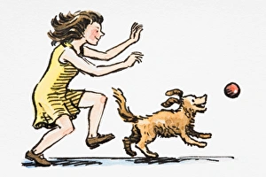 Dog chasing after ball, girl following close behind Dog chasing after ball, girl following close behind