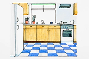 Domestic kitchen with blue and white tiled floor, window above sink Domestic kitchen with blue and white tiled floor, window above sink