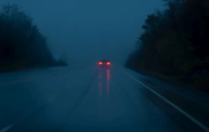 <b class=qtipBold><figcaption>Driving through the rain</figcaption></b><br>Driving through Algonquin park in the rain I photographed the car ahead of me through my windshield<br><em>© JIm Cumming</em> Driving through the rain