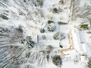 Drone picture taken from directly above of the winter landscape of the Montseny nature Drone picture taken from directly above of the winter landscape of the Montseny nature