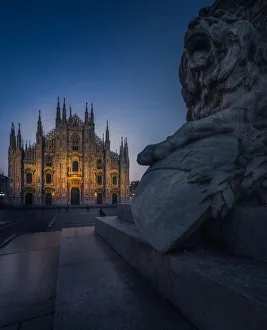 Duomo cathedral with Lion statue foreground Duomo cathedral with Lion statue foreground