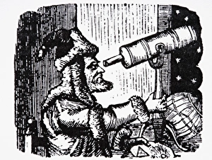 Early astronomer peering through telescope Early astronomer peering through telescope