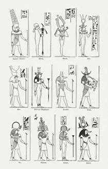 Egyptian gods and goddesses, wood engravings, published in 1880 Egyptian gods and goddesses, wood engravings, published in 1880