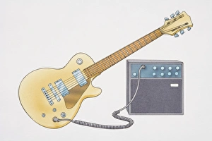 Electric guitar plugged into amp, front view Electric guitar plugged into amp, front view