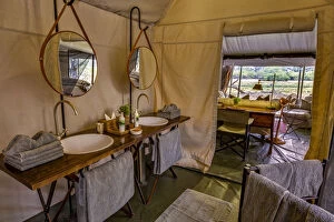 Okavango Delta Collection: En-suite bathroom of luxury family tent, Machaba Camp, Okavango Delta, Botswana