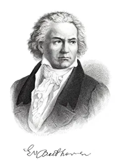 Engraving of composer Ludwig van Beethoven with signature from 1882 Engraving of composer Ludwig van Beethoven with signature from 1882
