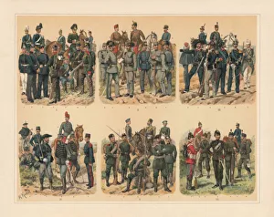 European Jaegers, gunners, pioneers and trains, chromolithograph, published in 1897 European Jaegers, gunners, pioneers and trains, chromolithograph, published in 1897
