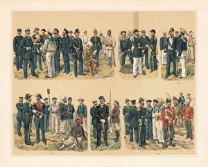 European Marine, Protection, and Colonial troops, chromolithograph, published in 1897 European Marine, Protection, and Colonial troops, chromolithograph, published in 1897