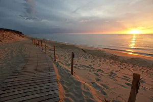 Evening on the beach in Arcachon, boardwalk, disabled access to the beach, France, Europe Evening on the beach in Arcachon, boardwalk, disabled access to the beach, France, Europe