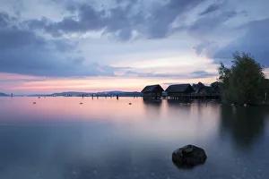 Evening at Lake Constance with stilt houses, Lake Constanz, near Uhldingen, Baden-Wurttemberg, Germany Evening at Lake Constance with stilt houses, Lake Constanz, near Uhldingen, Baden-Wurttemberg, Germany