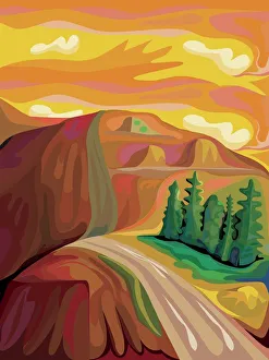 Expressionist Mountain Landscape with road in warm orange and browns Expressionist Mountain Landscape with road in warm orange and browns