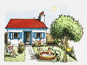 Family scene on hot summer day in garden, with children playing in paddling pool Family scene on hot summer day in garden, with children playing in paddling pool