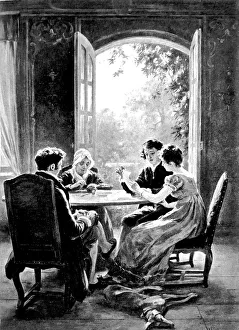 Family sitting around round table talking and relaxing, open window, garden outside Family sitting around round table talking and relaxing, open window, garden outside