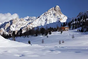 Fanesalm alp with Fanes hut in winter, Dolomites, South Tyrol, Italy, Europe Fanesalm alp with Fanes hut in winter, Dolomites, South Tyrol, Italy, Europe