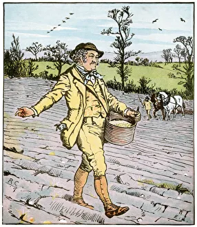<b class=qtipBold><figcaption>The Farmer who sowed</figcaption></b><br>Vintage engraving from the popular British nursery rhyme This Is the House That Jack Built. This is the Farmer who sowed the corn, That fed the Cock that crowed in the morn.<br><em>© Duncan Walker</em> The Farmer who sowed