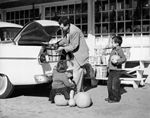 Father loading apples into trunk of car at country market, son and daughter looking Father loading apples into trunk of car at country market, son and daughter looking