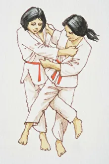 Two female Judoka or Judo fighters wrestling each other Two female Judoka or Judo fighters wrestling each other