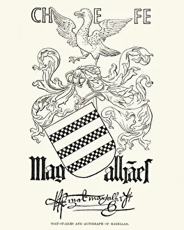 <b class=qtipBold><figcaption>Ferdinand Magellan</figcaption></b><br>Coat of arms and autograph of Ferdinand Magellan, 1480 to 27 April 1521, a Portuguese explorer who organised the Spanish expedition to the East Indies that resulted in the first circumnavigation of the Earth, completed by Juan SebastiAA¡n Elcano.<br><em>© duncan1890</em> Ferdinand Magellan