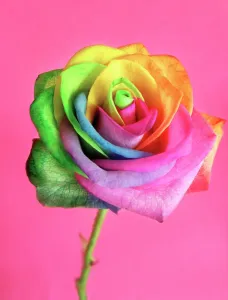 Rainbow Rose Print on Pink Background by Muriel de Seze