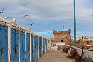 Fishermens huts and Genoese-built citadel in Essaouira harbour Fishermens huts and Genoese-built citadel in Essaouira harbour