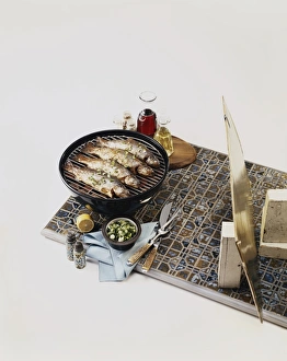 Fishes on barbecue grill against white background Fishes on barbecue grill against white background