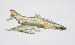 Flying Phantom Jet with missiles below wings, side view Flying Phantom Jet with missiles below wings, side view