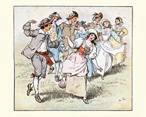 Folk dance, Young couples dancing hand in hand at a may day festival Folk dance, Young couples dancing hand in hand at a may day festival